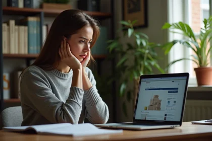 Femme frustrée devant son ordinateur portable suite à un achat bloqué sur une plateforme de vente en ligne comme Vinted