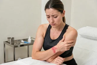 Femme examinant une réaction allergique sur son bras causée par un vêtement en spandex, en cabinet de dermatologie