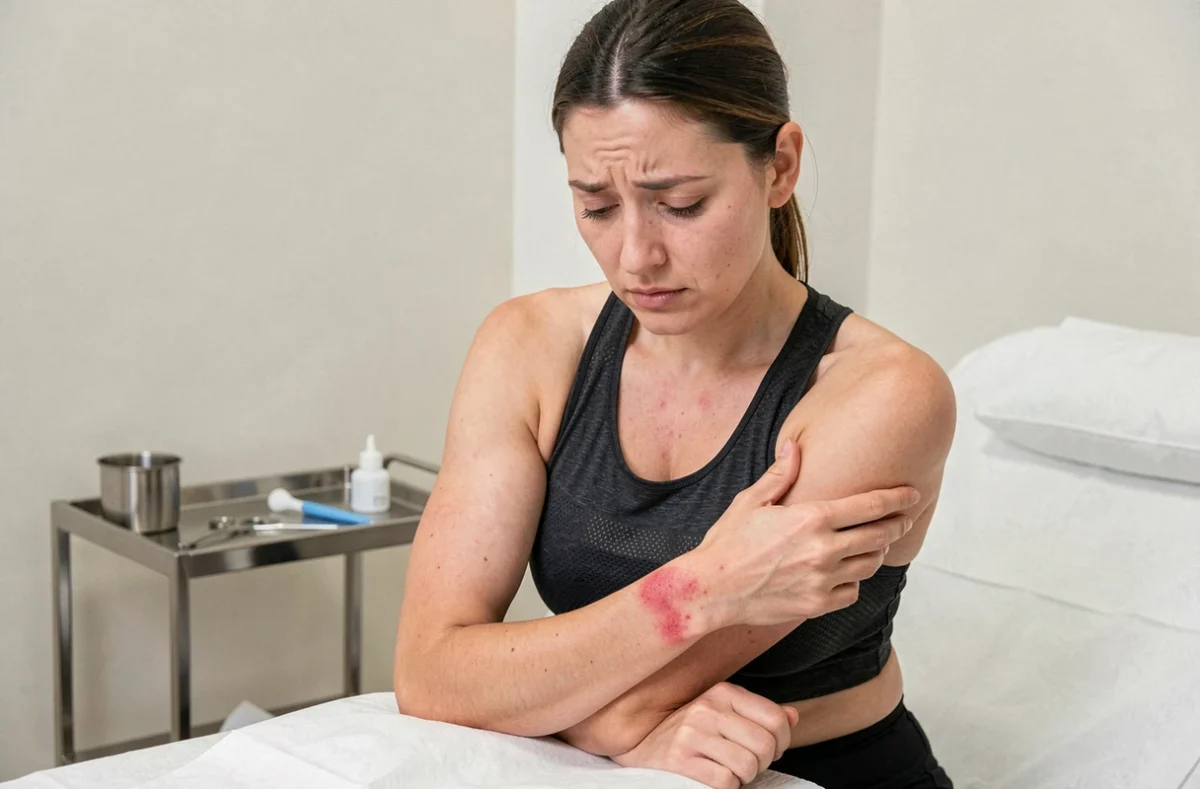 Femme examinant une réaction allergique sur son bras causée par un vêtement en spandex, en cabinet de dermatologie
