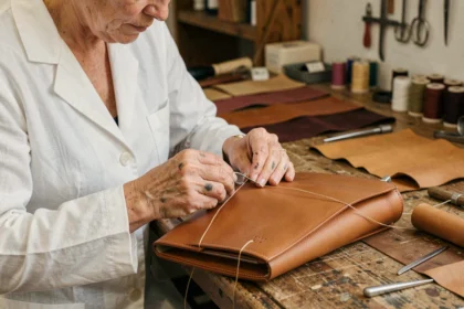 Artisane experte cousant un sac en cuir de luxe dans un atelier parisien de maroquinerie haute précision