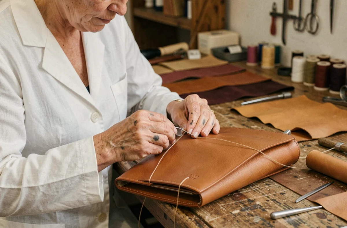 Artisane experte cousant un sac en cuir de luxe dans un atelier parisien de maroquinerie haute précision