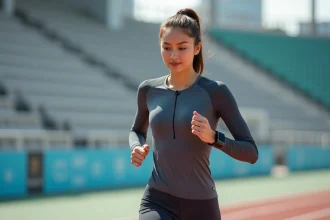 Jeune athlète féminine en course avec vêtements connectés
