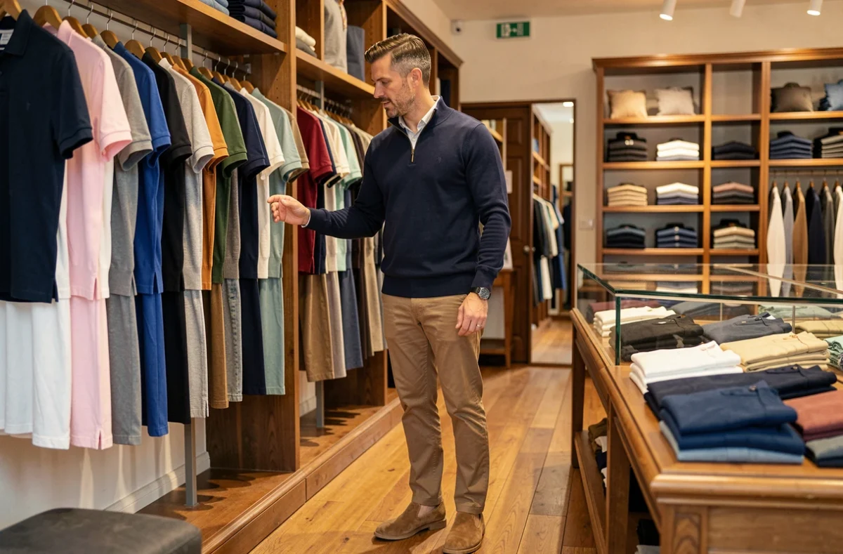 Homme parcourant les articles de la boutique Bayard, avec un mur de polos et de pulls soigneusement rangés en fond