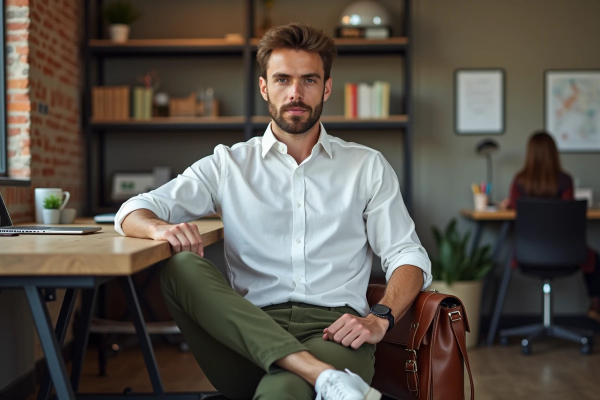 Jeune homme en chemise blanche et chino olive avec une besace en cuir brun posée près de lui dans un espace de coworking moderne