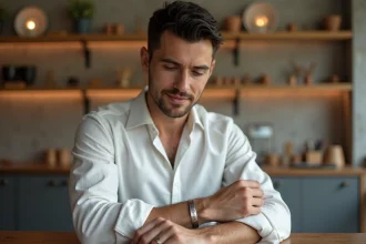 Homme trentenaire examinant un bracelet en argent personnalisé gravé dans une boutique de bijoux artisanale minimaliste