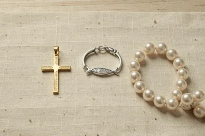 Bijoux chrétiens haut de gamme disposés sur lin crème : croix en or, bracelet ichthus en argent et chapelet en perles, détails de finition visibles