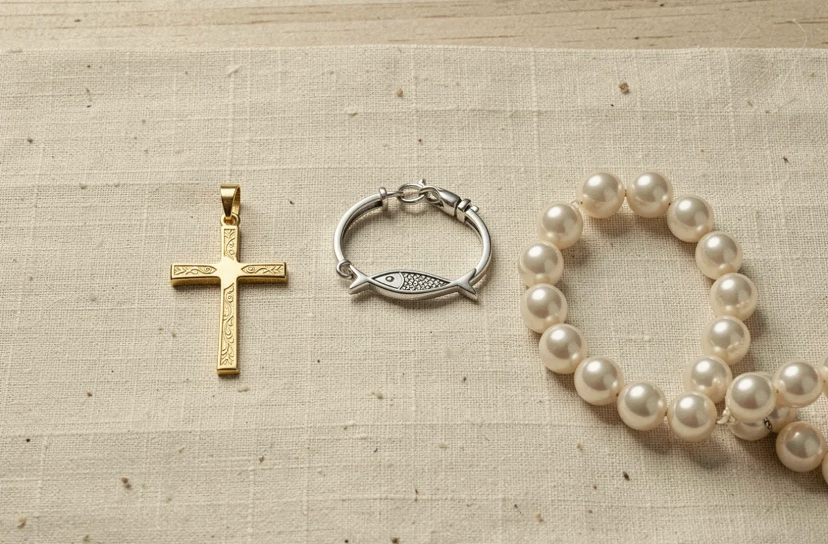 Bijoux chrétiens haut de gamme disposés sur lin crème : croix en or, bracelet ichthus en argent et chapelet en perles, détails de finition visibles