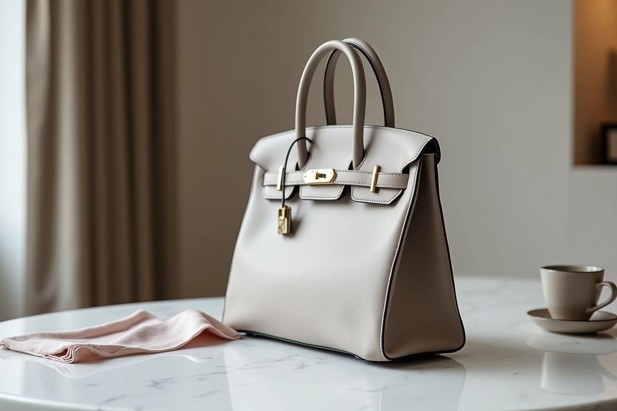 Sac Hermès Birkin 30 en cuir Clémence Étoupe posé sur un marbre blanc, détails des coutures et de la quincaillerie dorée