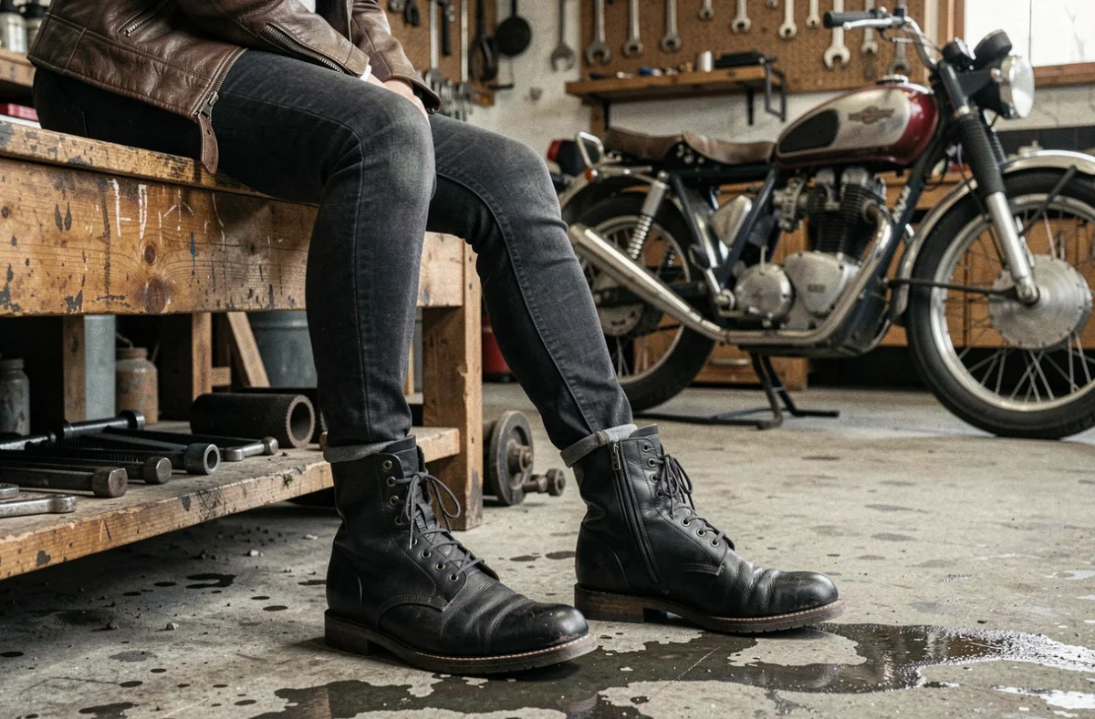 Femme assise dans un garage moto portant des boots vintage noires en cuir à embouts renforcés avec une veste rétro