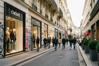 Vue d'ensemble d'une rue commerçante animée en Seine-Saint-Denis avec des boutiques de mode homme alignées le long d'un boulevard urbain