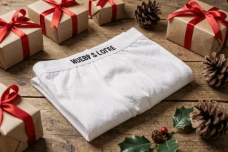 Boxer personnalisé avec message humoristique posé sur une table en bois entouré de cadeaux de Noël