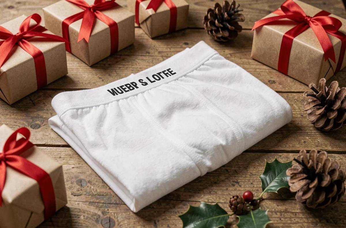 Boxer personnalisé avec message humoristique posé sur une table en bois entouré de cadeaux de Noël