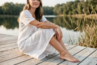 Femme portant un bracelet de cheville en or sur un ponton en bois au bord d'un lac en été