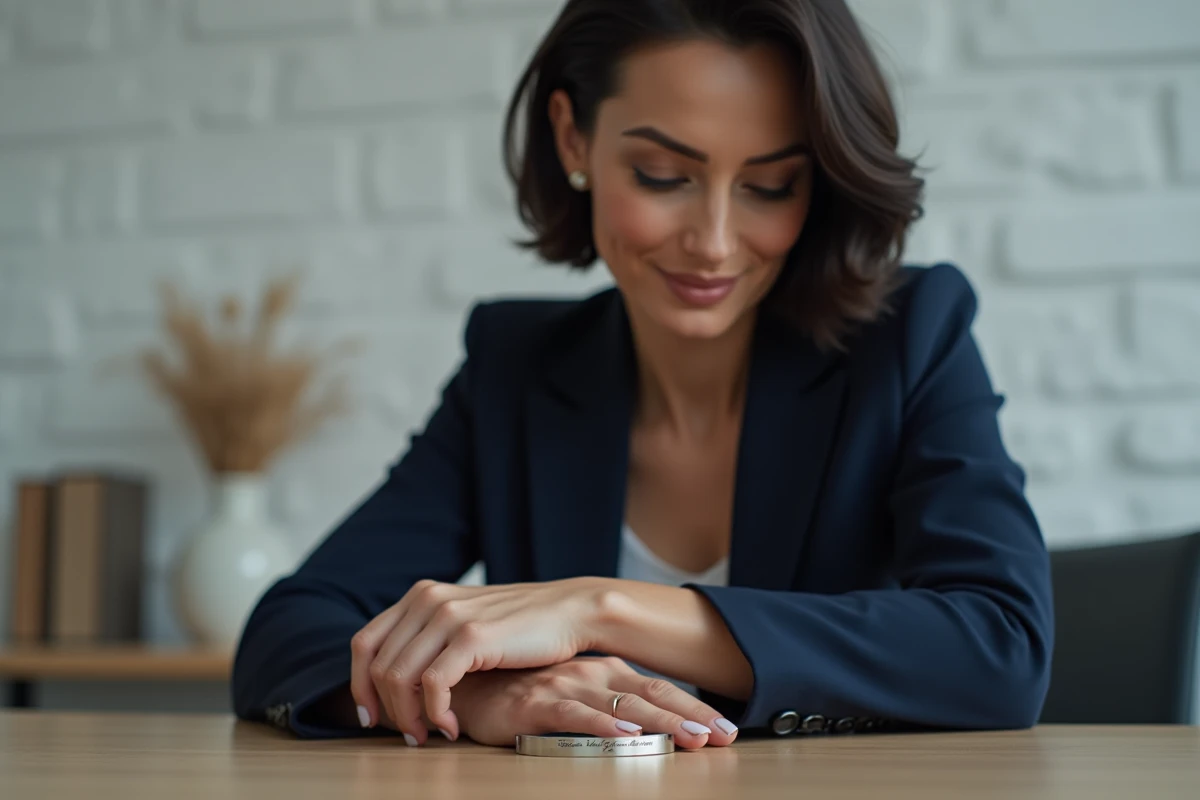 Femme élégante contemplant son bracelet message en argent gravé dans un bureau moderne et épuré