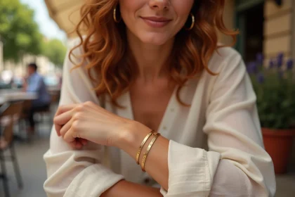 Femme portant un bracelet message en or gravé avec une inscription personnelle, dans un café parisien chaleureux