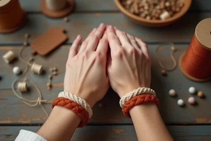 Deux mains de couple portant des bracelets assortis faits main en fils tressés terracotta posés sur une table en bois avec matériaux de création