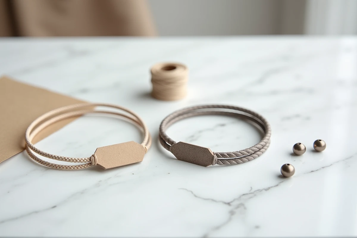 Deux bracelets de couple DIY assortis posés sur marbre avec fil et perles, idée cadeau fait main pas cher