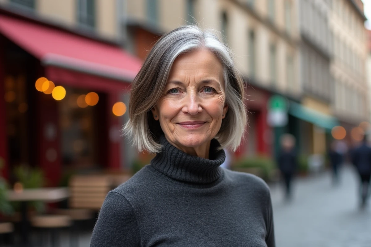 Femme de 62 ans arborant un carré court en transition vers les cheveux blancs, dans une rue pavée d'une ville européenne en automne