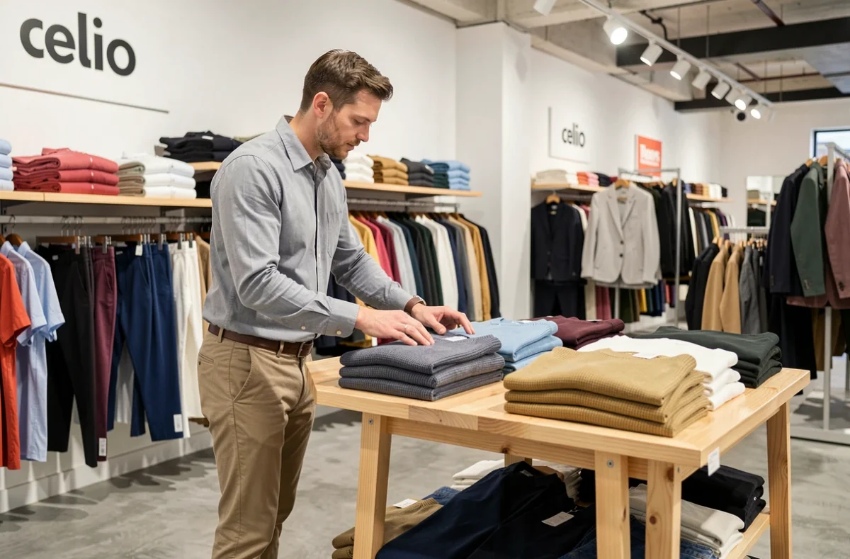 Client parcourant les rayons de la boutique Celio à Saint-Denis, avec des rangées de vêtements pour homme bien organisées en arrière-plan