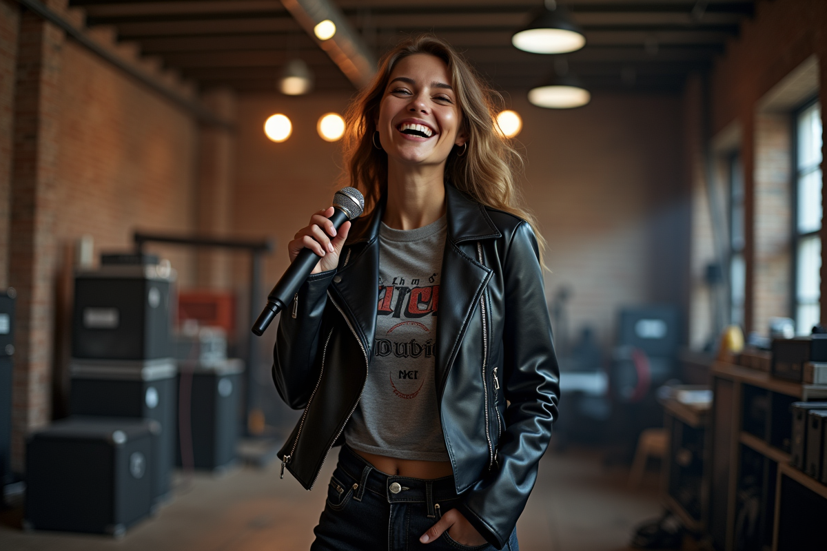 Chanteuse confiante en backstage avec micro et sourire
