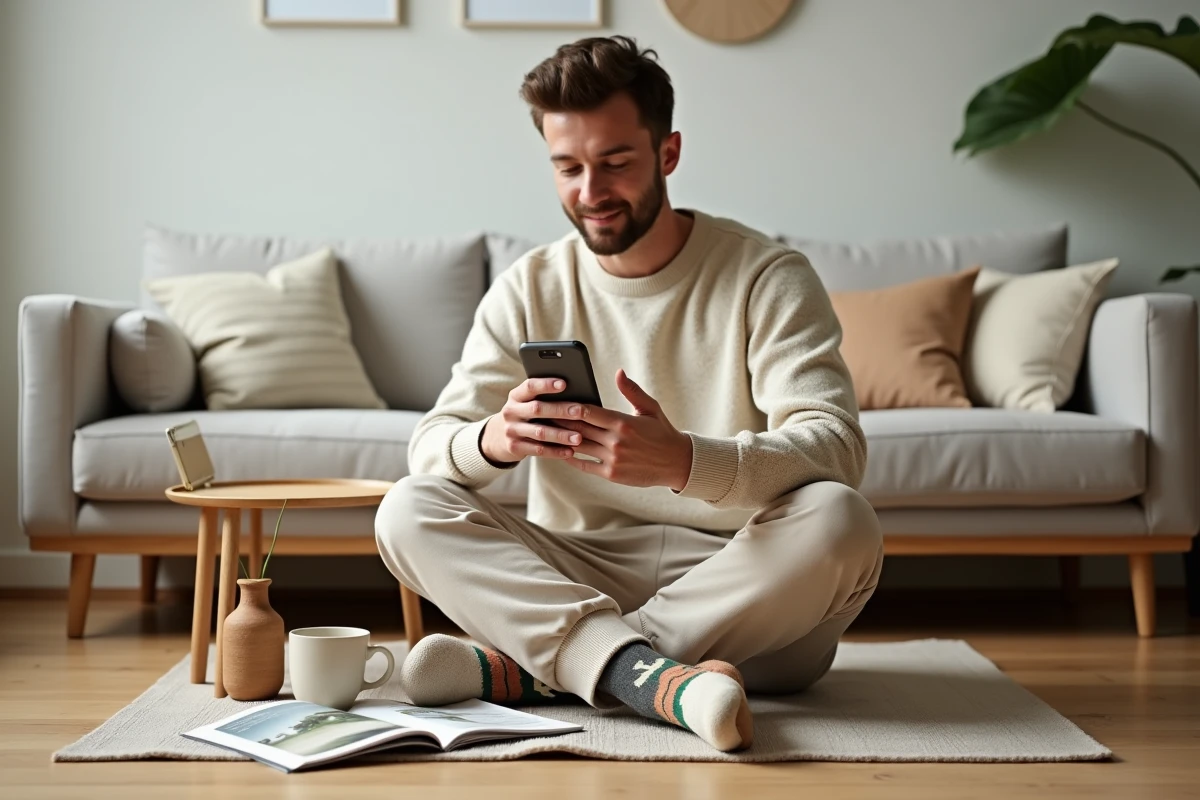 Jeune homme détendu portant des chaussettes amusantes motif cactus dans un salon scandinave minimaliste