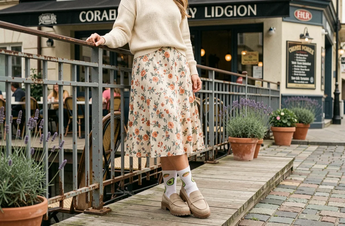 Femme portant des chaussettes dépareillées humoristiques avocats et tacos avec une jupe fleurie sur une terrasse de café en pavés européens