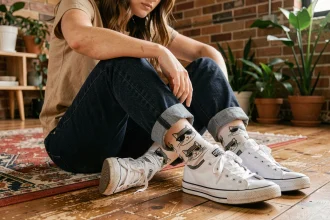 Jeune femme assise en tailleur portant des chaussettes humoristiques avec des chats en lunettes de soleil, style casual décontracté dans un appartement urbain