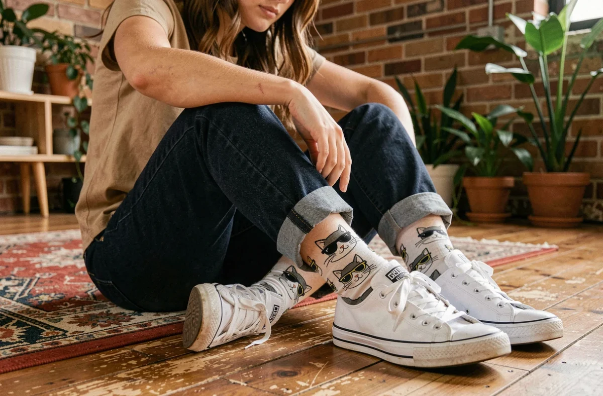 Jeune femme assise en tailleur portant des chaussettes humoristiques avec des chats en lunettes de soleil, style casual décontracté dans un appartement urbain