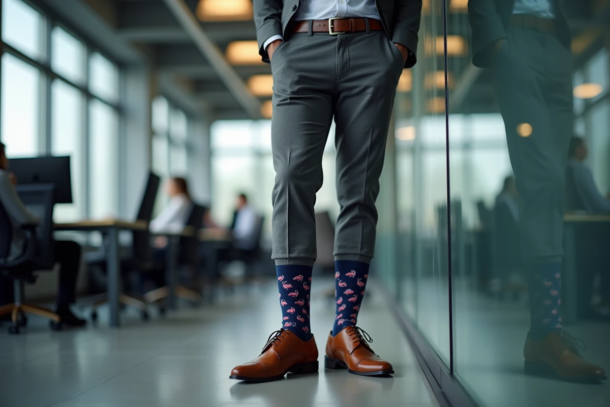 Homme en tenue professionnelle avec des chaussettes originales à flamants roses dans un bureau moderne