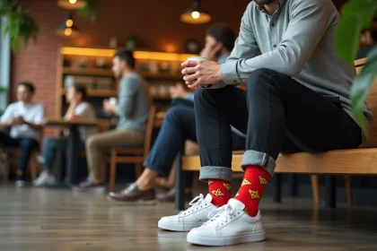 Homme portant des chaussettes rigolotes à motif pizza dans un café urbain, style décontracté et coloré