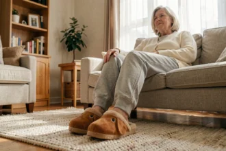 Femme portant des chaussons teckel confortables aux pieds, assise sur un canapé en tissu gris, vue en plan trois quarts
