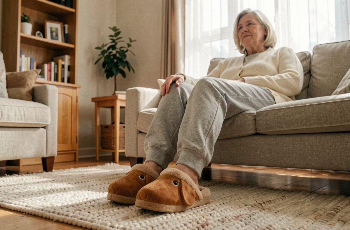 Femme portant des chaussons teckel confortables aux pieds, assise sur un canapé en tissu gris, vue en plan trois quarts
