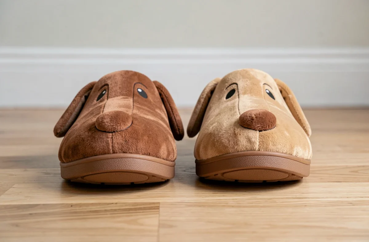 Gros plan de chaussons en forme de teckel posés sur un parquet en bois clair, montrant la semelle ergonomique et la matière douce