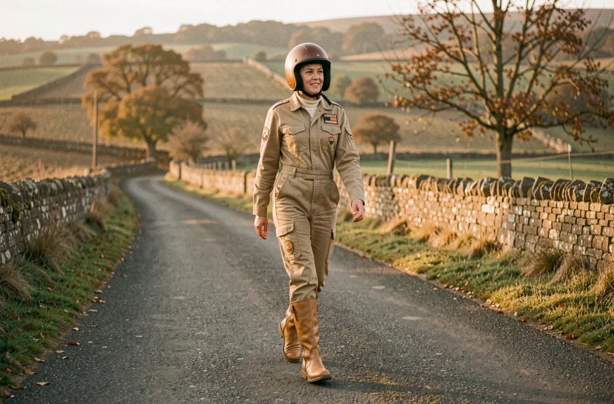 Femme en tenue moto rétro marchant sur une route rurale avec des boots vintage en cuir camel à hauteur du genou