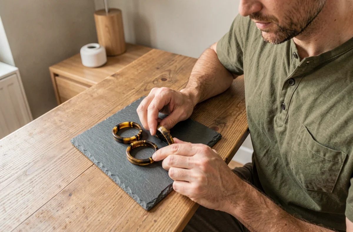 Homme choisissant son bracelet œil du tigre parmi deux modèles posés sur un plateau en ardoise, guide de style masculin