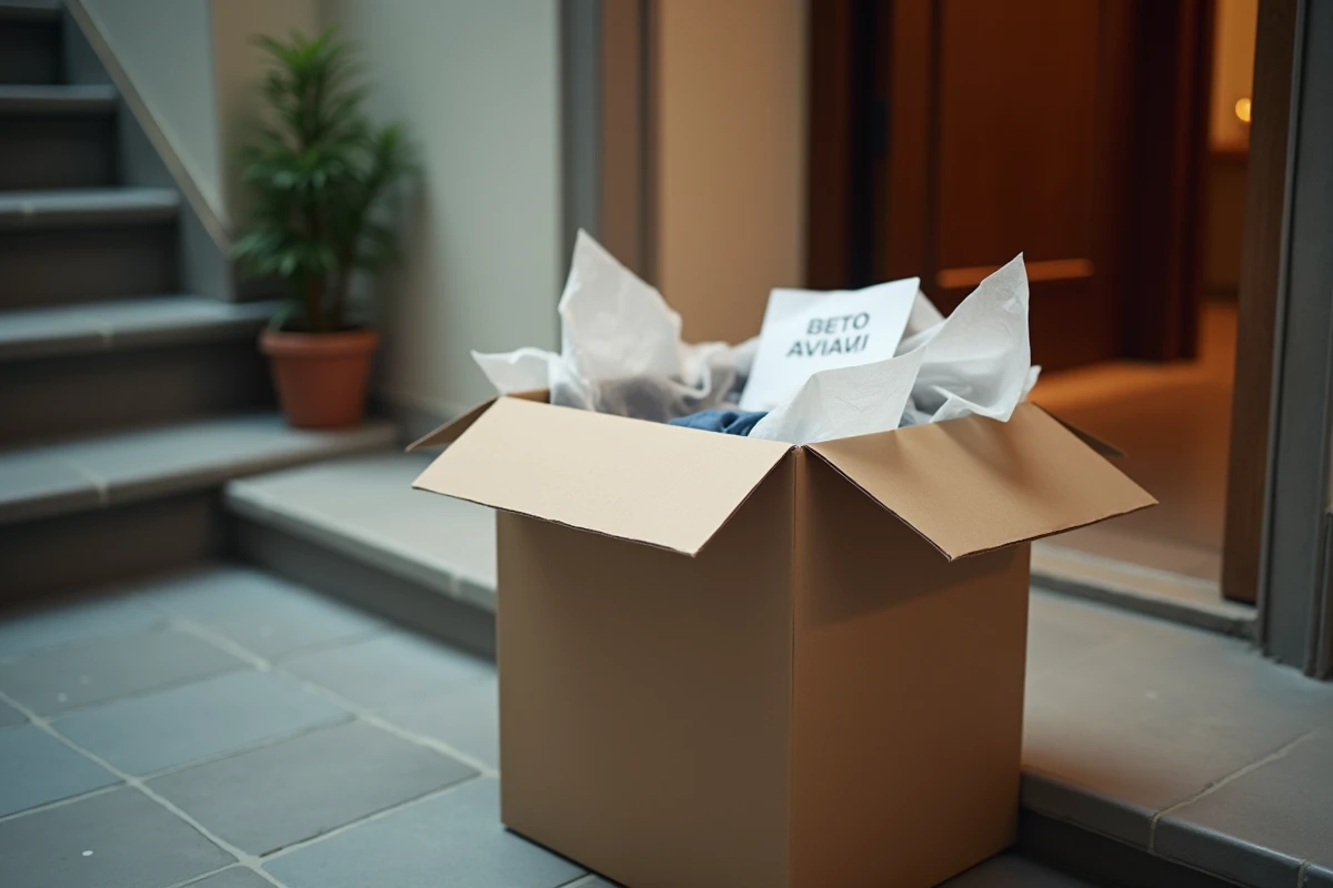 Colis de commande en ligne reçu devant une porte d'appartement, représentant la livraison et les délais d'expédition d'un site de mode comme Thebradery