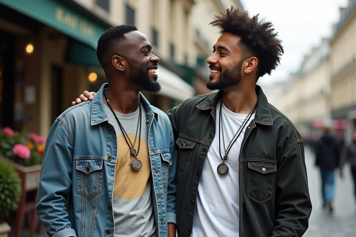 Deux jeunes hommes comparant leurs colliers pendentifs personnalisés en argent dans une rue pavée parisienne