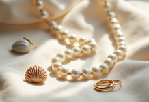Collier de perles blanches élégantes sur tissu beige