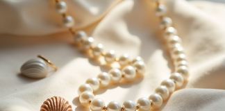 Perles : idées d’associations pour une parure parfaite Collier de perles blanches élégantes sur tissu beige