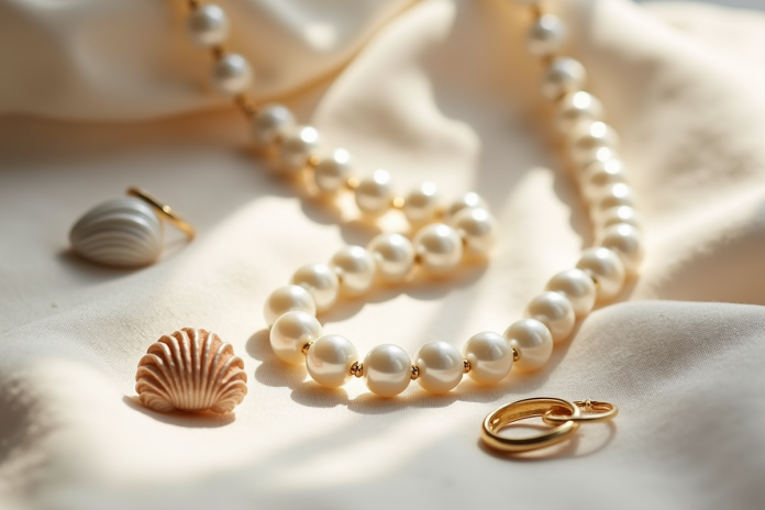 Collier de perles blanches élégantes sur tissu beige