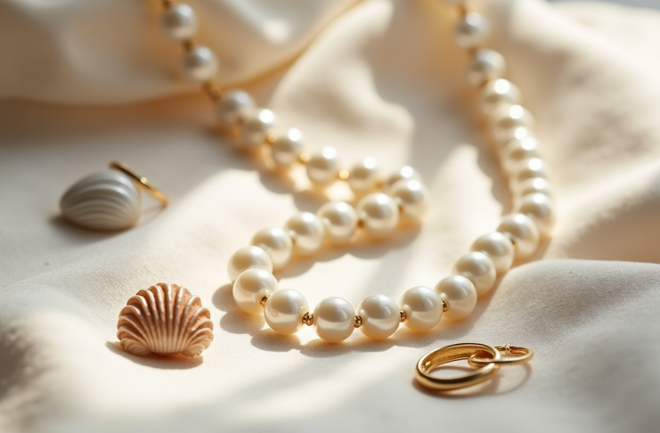 Collier de perles blanches élégantes sur tissu beige