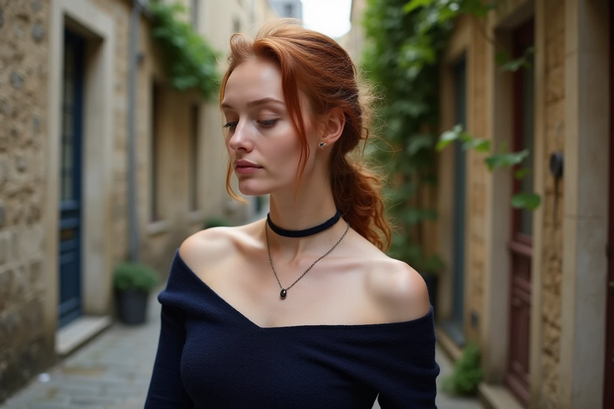 Femme aux cheveux bouclés roux portant un collier ras du cou argent avec pendentif dans une cour parisienne en pierre