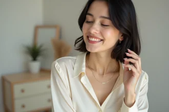 Femme portant un collier ras du cou doré fin sur un chemisier en soie ivoire dans un intérieur minimaliste