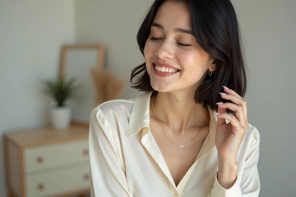 Femme portant un collier ras du cou doré fin sur un chemisier en soie ivoire dans un intérieur minimaliste