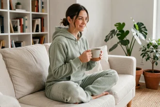 Femme portant une combinaison pilou pilou adulte verte sur un canapé en lin beige dans un salon cosy et moderne