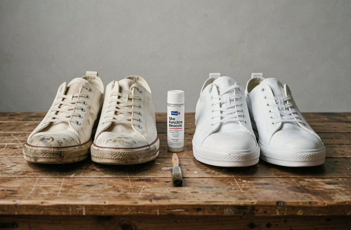 Comparaison avant-après de chaussures blanches restaurées avec une peinture abordable posées sur une surface en bois rustique