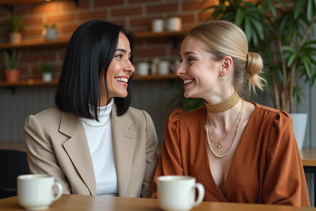 Deux femmes portant des colliers ras du cou différents, l'un en perles et l'autre en or multi-rangs, attablées dans un café parisien