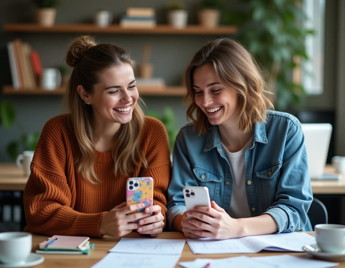 Deux collègues comparant leurs coques de téléphone originales dans un espace de travail créatif décontracté