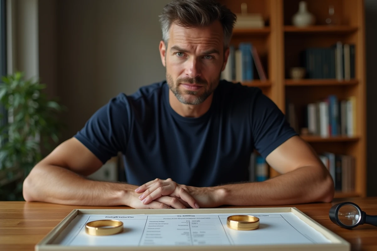 Homme comparant le prix de deux bracelets en or sur un plateau en velours blanc avec une fiche tarifaire sur son bureau