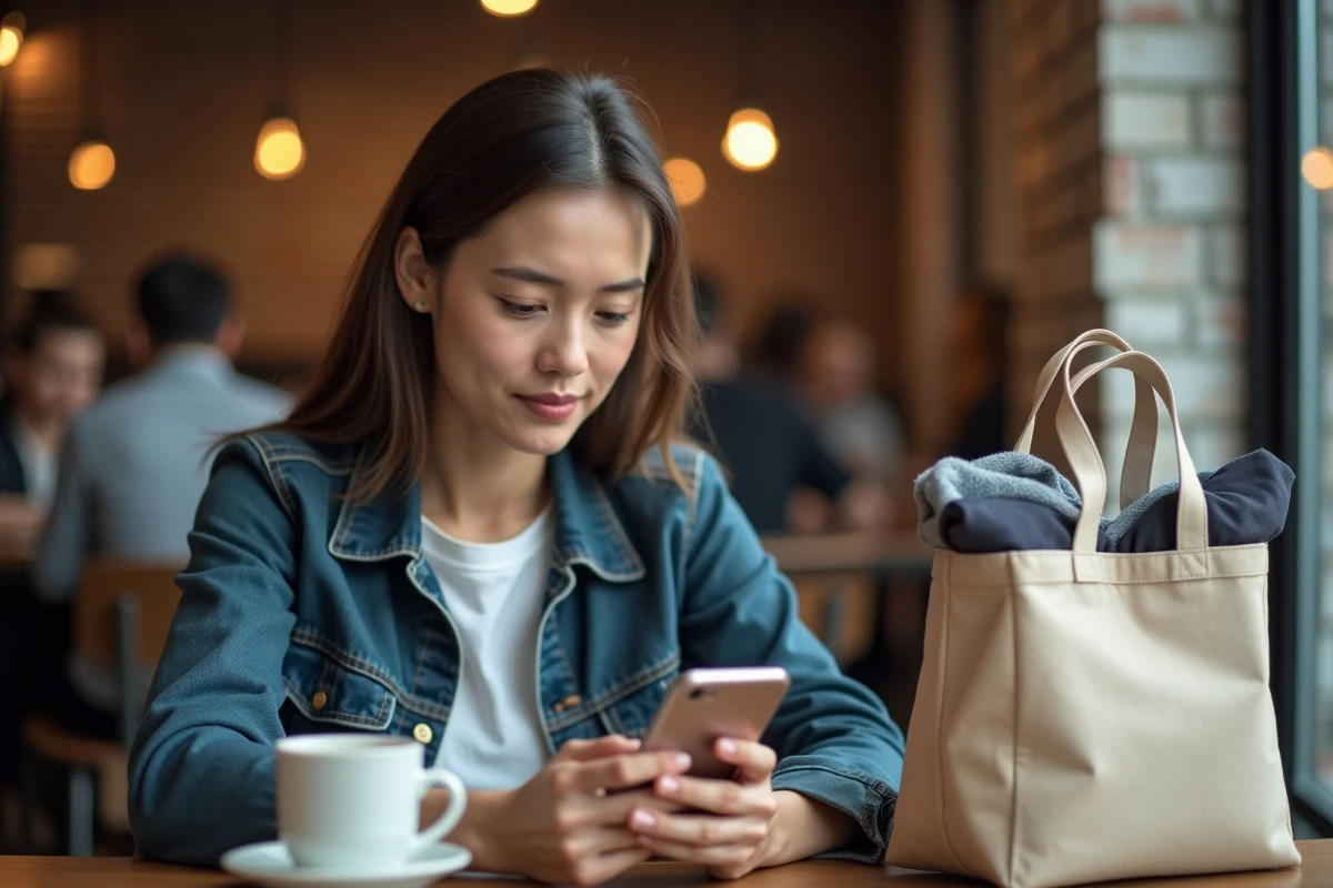 Cliente en contact avec le service client Halara via chat en direct sur son smartphone dans un café